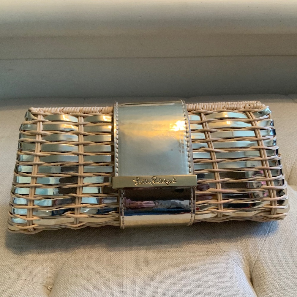 Lilly Pulitzer Leather and Gold “Bask in Wicker” Clutch